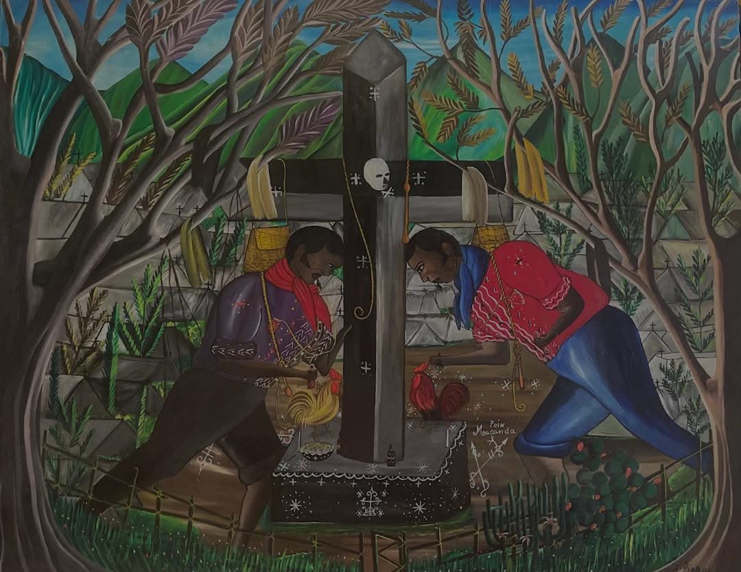 Andre Pierre (Haitian, 1914-2005) Vodou Ceremony at Cemetery Unframed Oil on Board Painting 50"h x 39"w #1GSN-NY