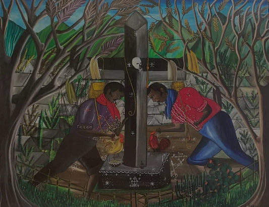 Andre Pierre (Haitian, 1914-2005) Vodou Ceremony at Cemetery Unframed Oil on Board Painting 50"h x 39"w #1GSN-NY