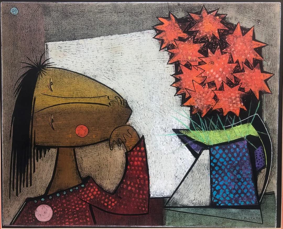 Angel Botello (1913-1986) 'NIÑA CON FLORES' Unframed Hand-Signed A/P 4/10 PI-Linocut Print #2SJ