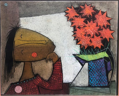 Angel Botello (1913-1986) 'NIÑA CON FLORES' Unframed Hand-Signed A/P 4/10 PI-Linocut Print #2SJ