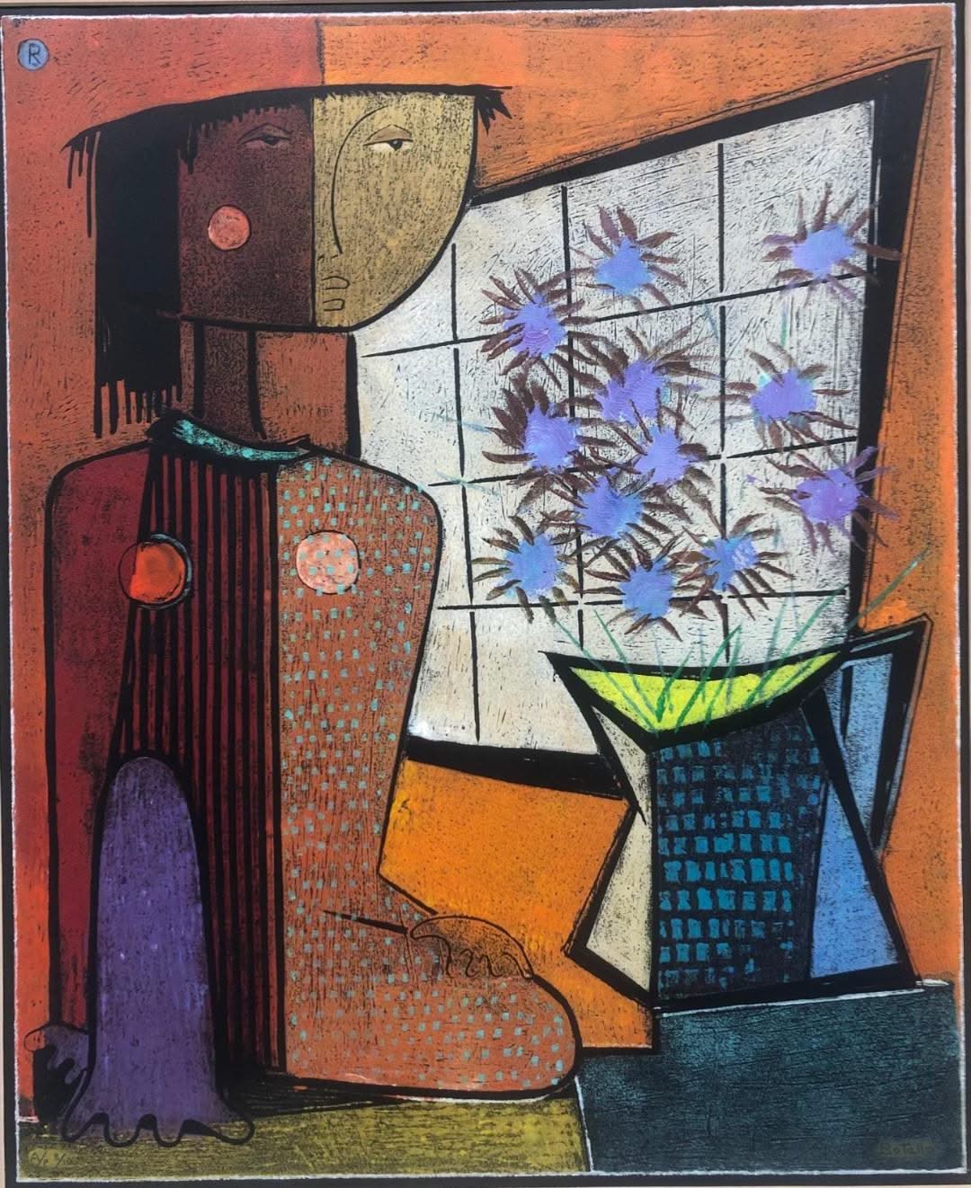 Angel Botello (1913-1986) 22"x18" 'MUJER CON FLORES CERCA VENTANA' Unframed Hand-Signed A/P 10/10 R-Linocut Print #4SJ