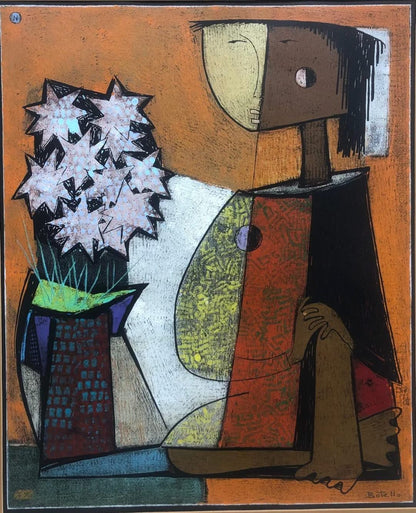 Angel Botello (1913-1986) 22"x18" 'MUJER CON FLORES' Unframed Hand-Signed A/P 10/10 N-Linocut Print #3SJ