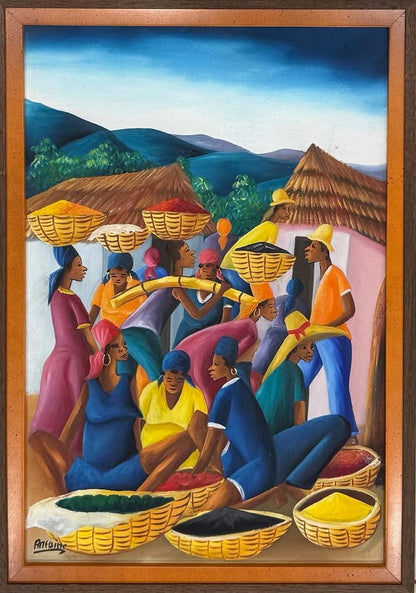 Antoine 24"x16" Market Scene 1985 Oil on Canvas Painting #1PMC-NY