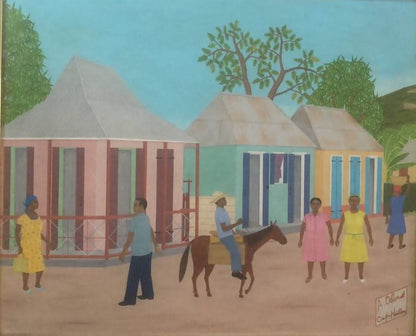Antoine Obin (1929-1992) 19"x24" Street Scene in Cap-Haitian c1970 Oil on Masonite Unframed Painting #2YN