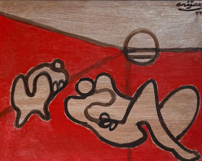 Abstract artwork with two figures on a red background, signed 'Anya'.