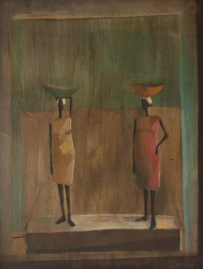 Bernard Sejourne (1947-1994) 40"x30" Two Female Sellers in Red 1973 Acrylic on Masonite Unframed Painting #1-3-96GSN-Collection of Marie & Georges S. Nader