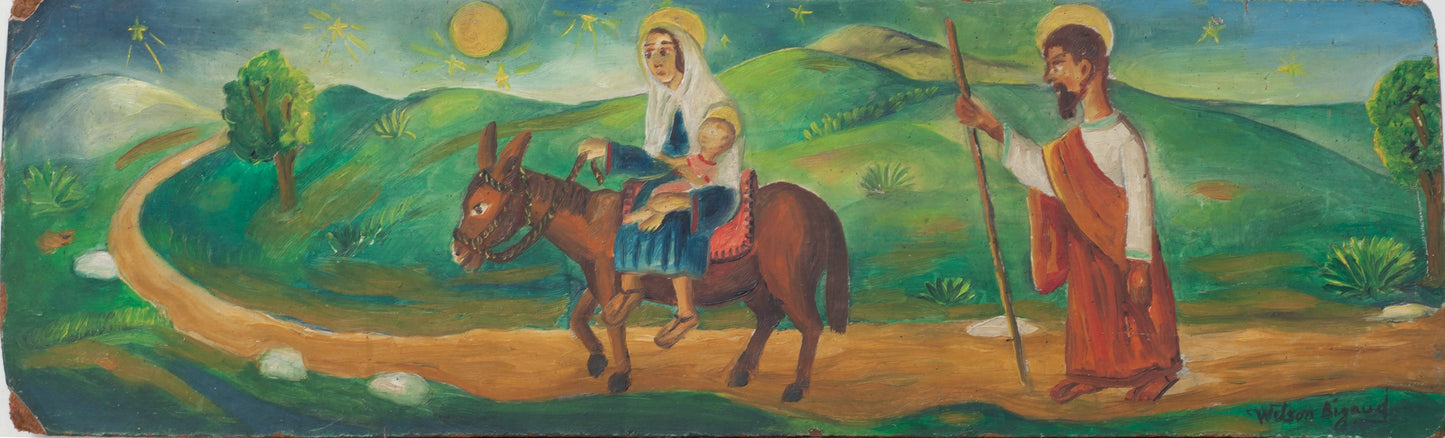 Painting of a woman riding a donkey with a man on foot, set against a scenic landscape.