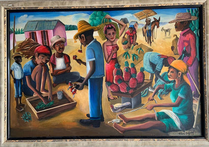 Wilson Bigaud (1931-2010) 24"x36" Sellers on the Street 1970 Oil on Board Unframed Painting #1GSN-MIA