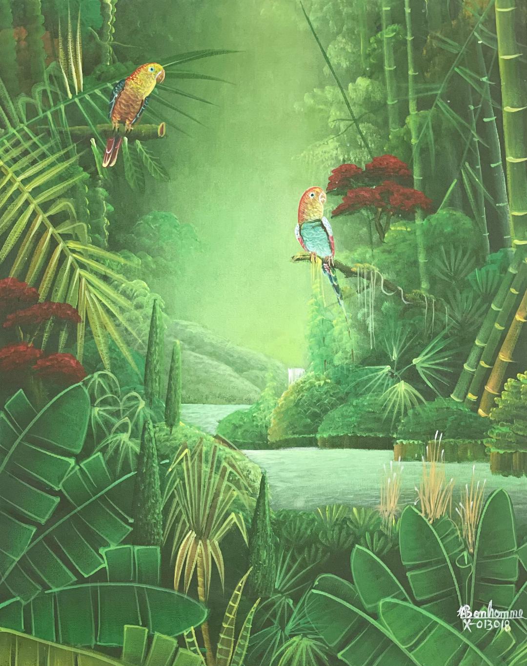 Albott Bonhomme 20"x16" Two Birds Bonding, River & Trees 2022 Acrylic on Canvas Unframed Painting #26MFN