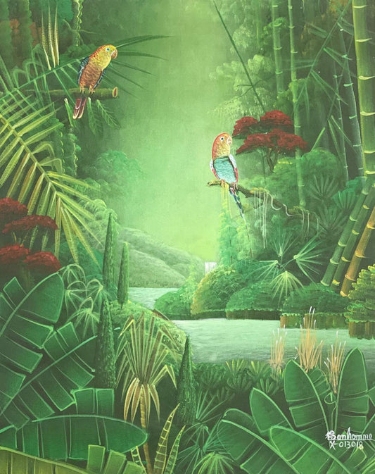 Albott Bonhomme 20"x16" Two Birds Bonding, River & Trees 2022 Acrylic on Canvas Unframed Painting #26MFN