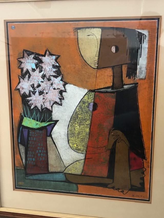 Angel Botello (1913-1986) 22"x18" 'MUJER CON FLORES' Unframed Hand-Signed A/P 10/10 N-Linocut Print #3SJ