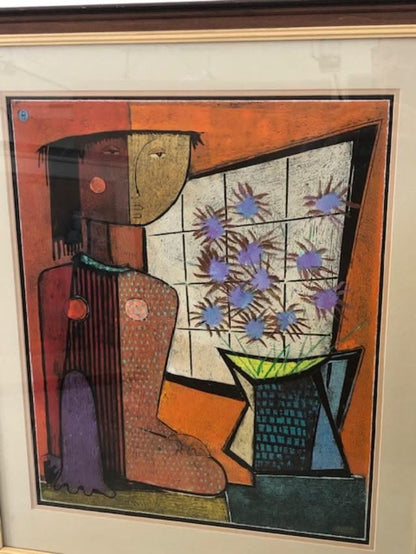 Angel Botello (1913-1986) 22"x18" 'MUJER CON FLORES CERCA VENTANA' Unframed Hand-Signed A/P 10/10 R-Linocut Print #4SJ