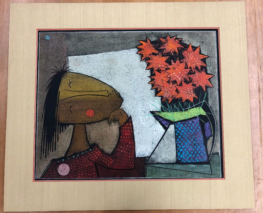 Angel Botello (1913-1986) 'NIÑA CON FLORES' Unframed Hand-Signed A/P 4/10 PI-Linocut Print #2SJ