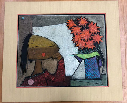 Angel Botello (1913-1986) 'NIÑA CON FLORES' Unframed Hand-Signed A/P 4/10 PI-Linocut Print #2SJ