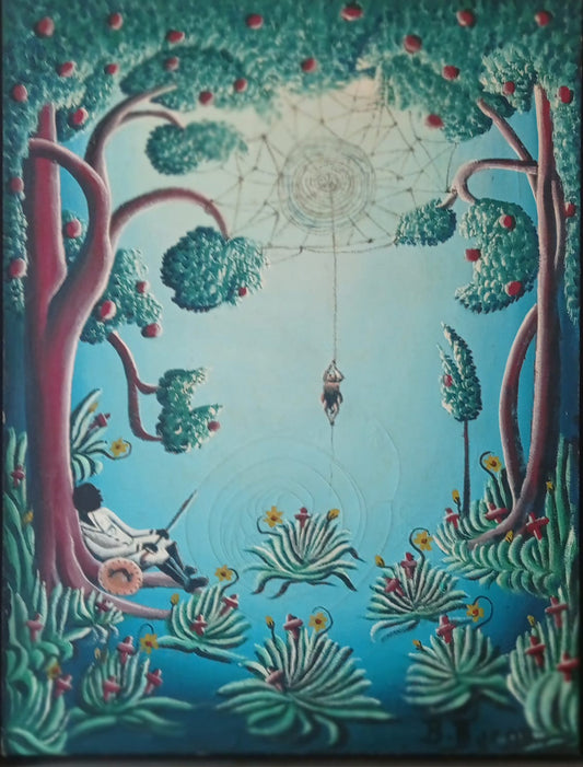 Bourmond Byron original oil painting The Web Between Worlds showing a man fishing under fruit trees with a spider descending a mystical web above a blue lagoon