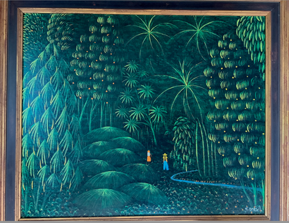 Henri-Robert Bresil (Haitian, 1952-1999) 20"x24" Green forest With people & River 1981 Oil on Canvas Painting Framed #1AM