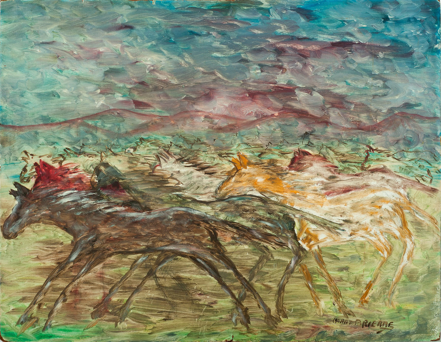 Murat Brierre (1938-1988) 24.75"x32" Abstract Horses 1971 Oil on Board Painting #7-10-88GSN-Fondation Marie & Georges S. Nader