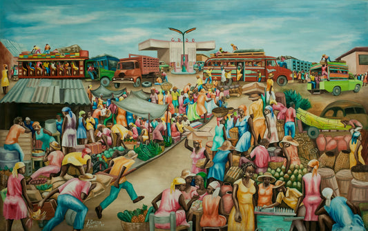Jean-Elie Brisson (Haitian, dcd 2023) 43"x69" Busy Daily Life 1977 Acrylic on Canvas #8-4-90GSN-Fondation Marie & Georges S. Nader