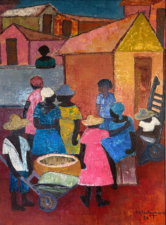 Calixte Henry Village Gathering 1980 Haitian acrylic on canvas painting showing villagers in a lively street scene, signed and dated.