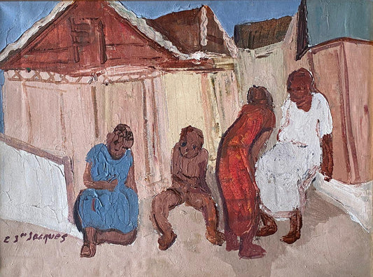 Carlo Jean-Jacques Haitian village scene painting with figures, acrylic on canvas 16 x 16 inches c.1990, textured figurative composition