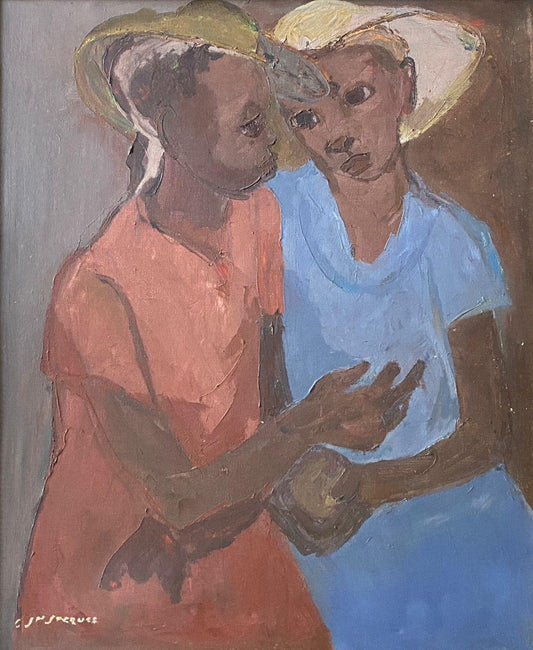 Carlo Jean-Jacques Haitian painting of two women in conversation, oil on canvas 24 x 20 inches, 1990, expressive figurative composition