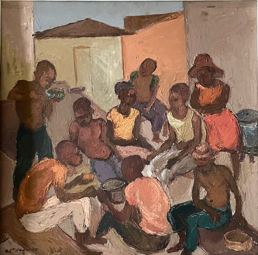 Carlo Jean-Jacques Family Gathering, original Haitian acrylic on board painting depicting a family gathered in a village courtyard, 24 × 24 inches.