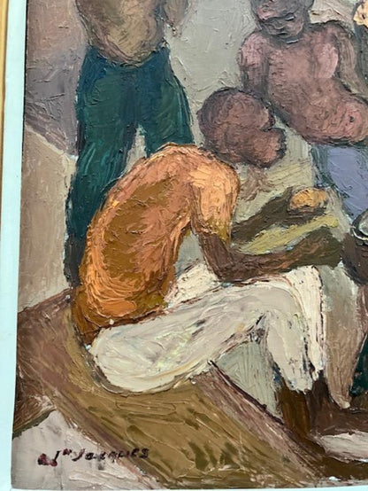 Carlo Jn-Jacques (1943-1990) 24"x24" Family Gathering c1980 Acrylic on Canvas Painting #1IB