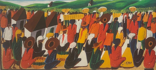 Casimir Laurent 1969 Haitian market scene painting with colorful vendors, baskets, village houses, and rolling green hills.