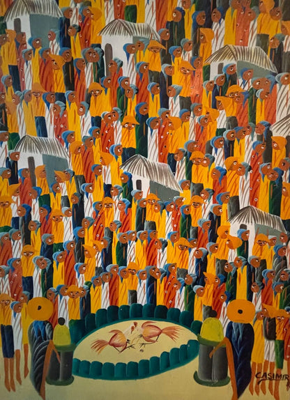 CASIMIR Laurent (1928-1990) 35"x23" The Cockfight c1970 Oil on Canvas Unframed Painting #1GL