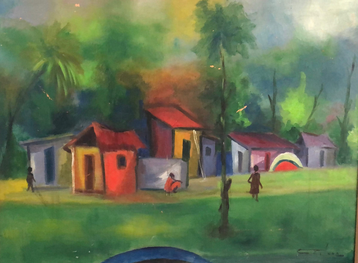 Dieudonne Cedor (1925-2010) 32"x24" Village at Dusk  c1970's Oil On Board Painting #1YN