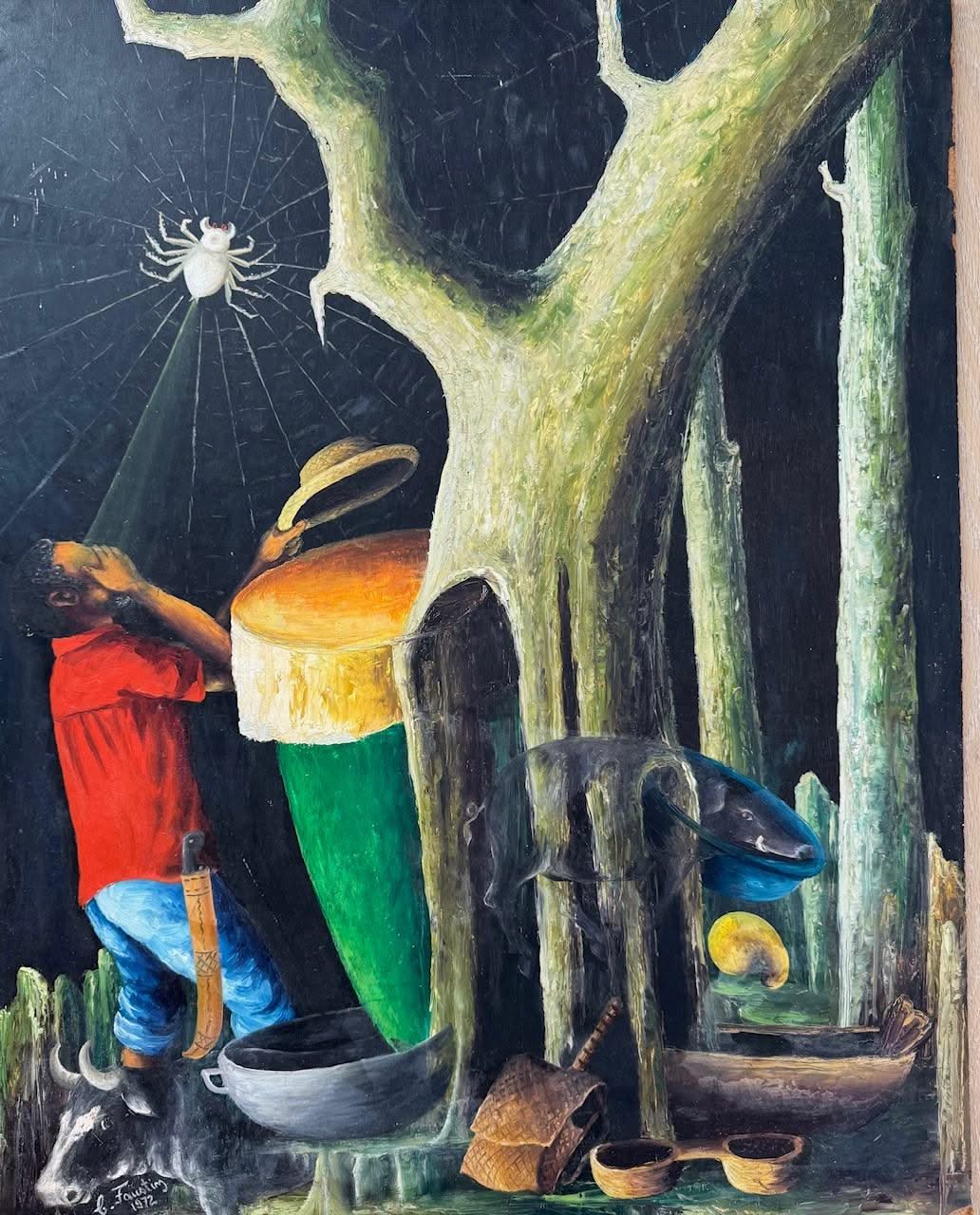 Celestin Faustin 30"x24" Spider Vision 1972 Oil on Board Painting #1CZ