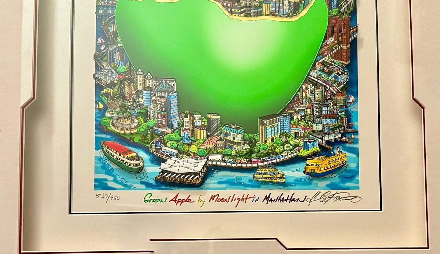 Charles Fazzino 24"x16" Green Apple by Moonlight in Manhattan 2022 3-D Relief Serigraph in Color with Mixed Media Embellishments on Paper. Hand-Signed in Ink Lower Right by the Artist 530/950 Framed 39"x31.5" #2NS
