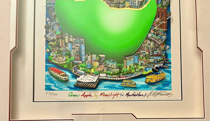 Charles Fazzino 24"x16" Green Apple by Moonlight in Manhattan 2022 3-D Relief Serigraph in Color with Mixed Media Embellishments on Paper. Hand-Signed in Ink Lower Right by the Artist 530/950 Framed 39"x31.5" #2NS