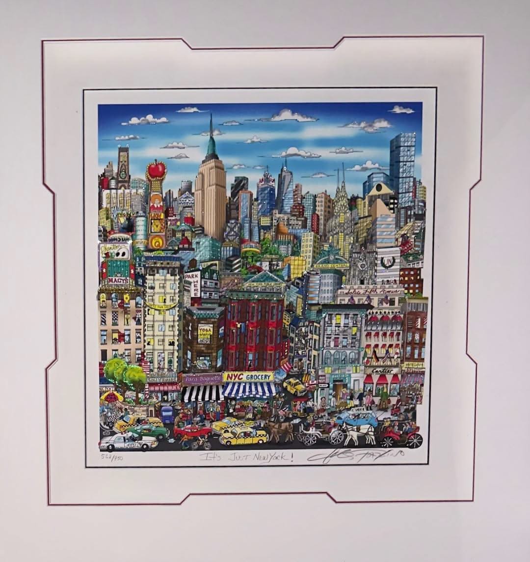 Charles Fazzino 16"x17" 'It's Just New York' 2023 3-D Relief Serigraph in Color with Mixed Media Embellishments on Paper. Hand-Signed in Ink Lower Right by the Artist 532/950 Framed 33.5"x34.5" #1NS