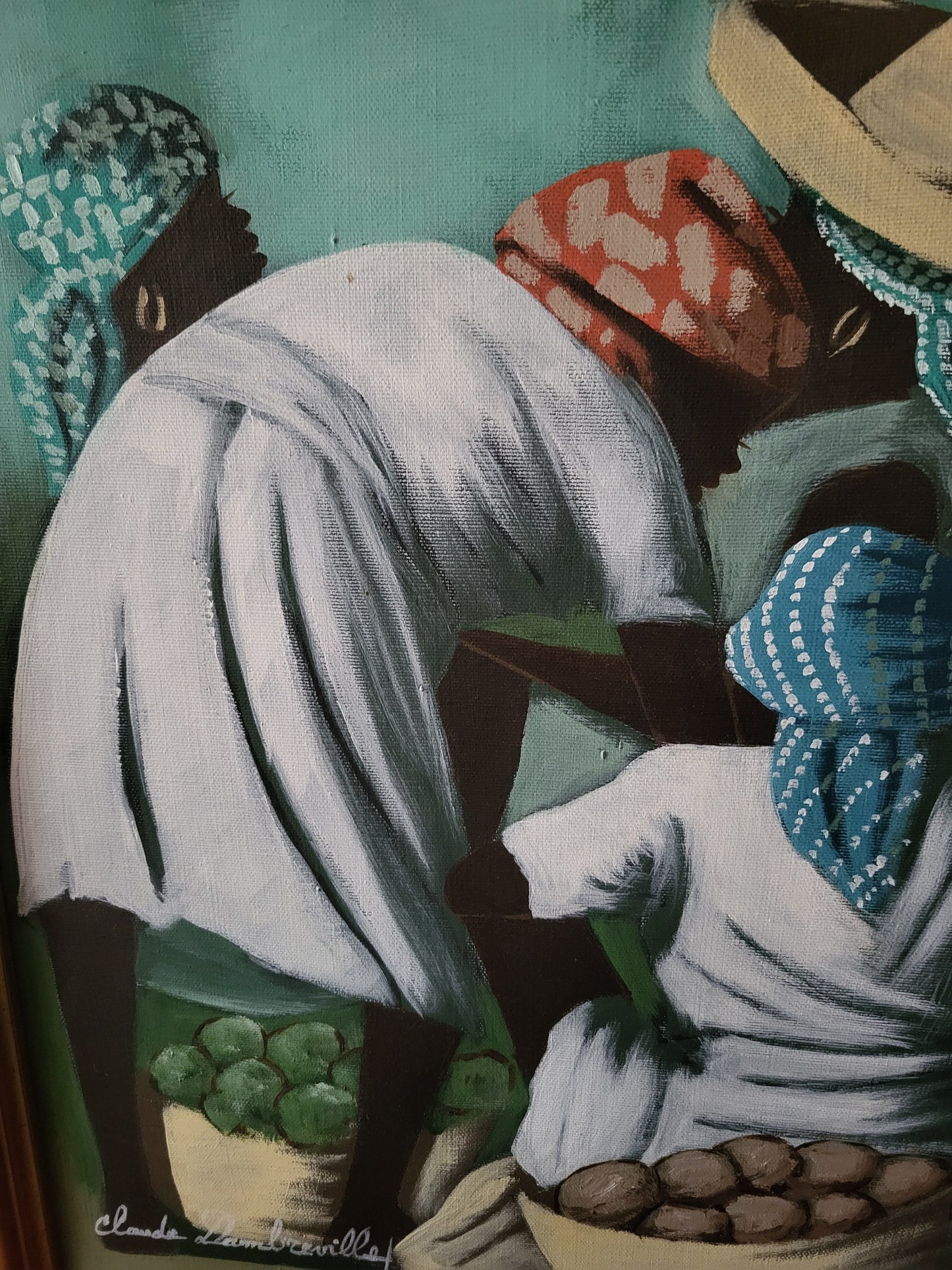 Claude Dambreville Market Vendors acrylic on canvas depicting Haitian market women in white dresses with colorful headscarves gathered around baskets of tropical produce.