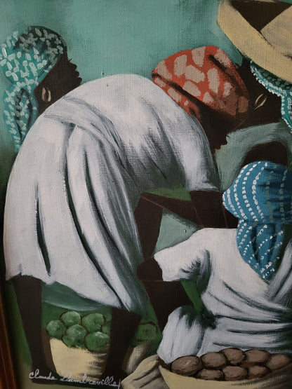 Claude Dambreville Market Vendors acrylic on canvas depicting Haitian market women in white dresses with colorful headscarves gathered around baskets of tropical produce.
