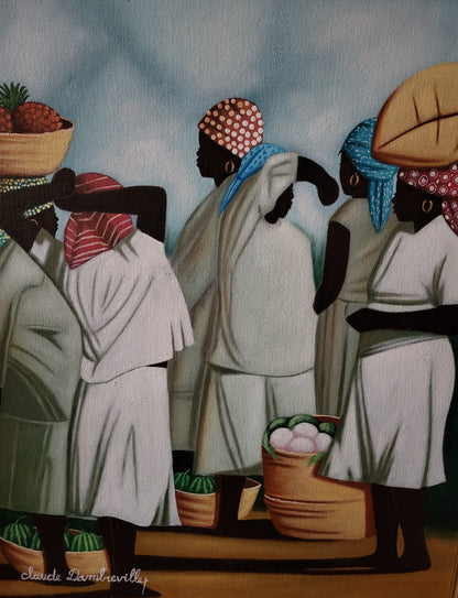 Claude Dambreville Market Women acrylic on canvas depicting Haitian women in white dresses carrying baskets of tropical fruit in a vibrant market scene.