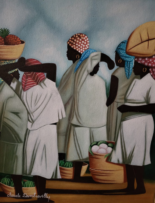 Claude Dambreville Market Women acrylic on canvas depicting Haitian women in white dresses carrying baskets of tropical fruit in a vibrant market scene.