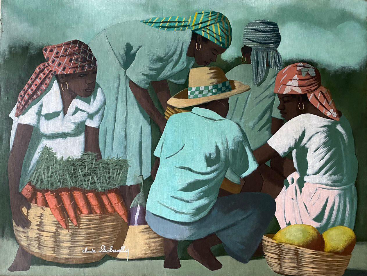 Claude Dambreville (1934-2021) 36"x48" Market Vendors with Carrots 1997 Acrylic on Canvas Unframed Painting#1JN-HA