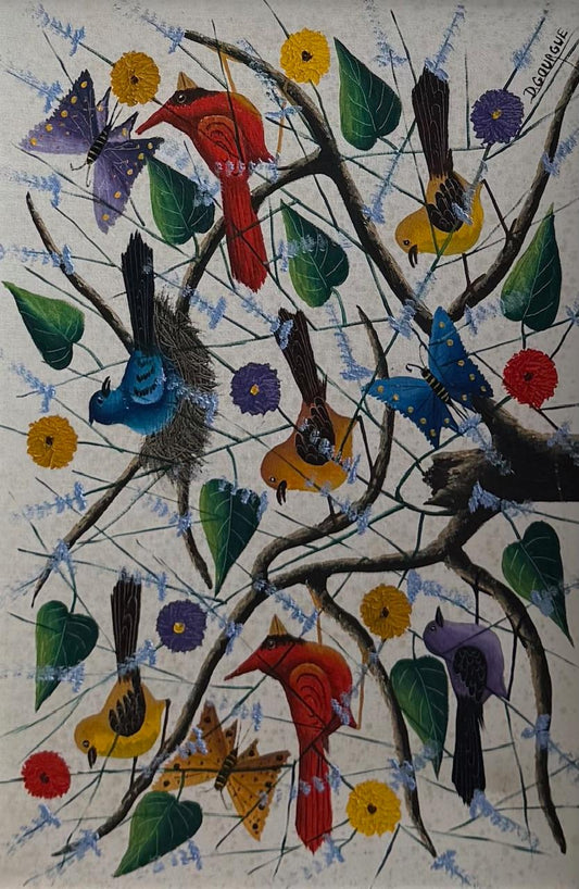 Colorful artwork of birds and butterflies on branches with flowers.