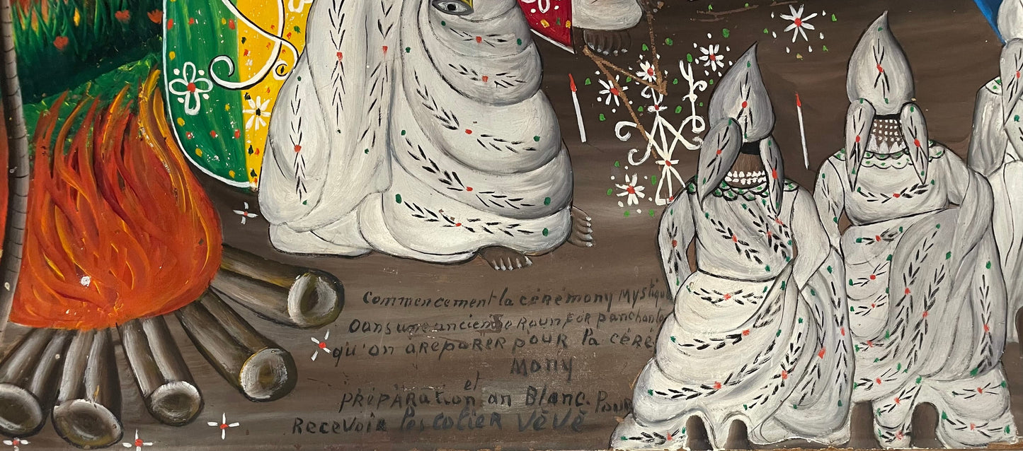 Andre Pierre (Haitian, 1914-2005) Vodou Ceremony Unframed Oil on Board Painting 24"h x 36"w #6-2-95GSN-NY