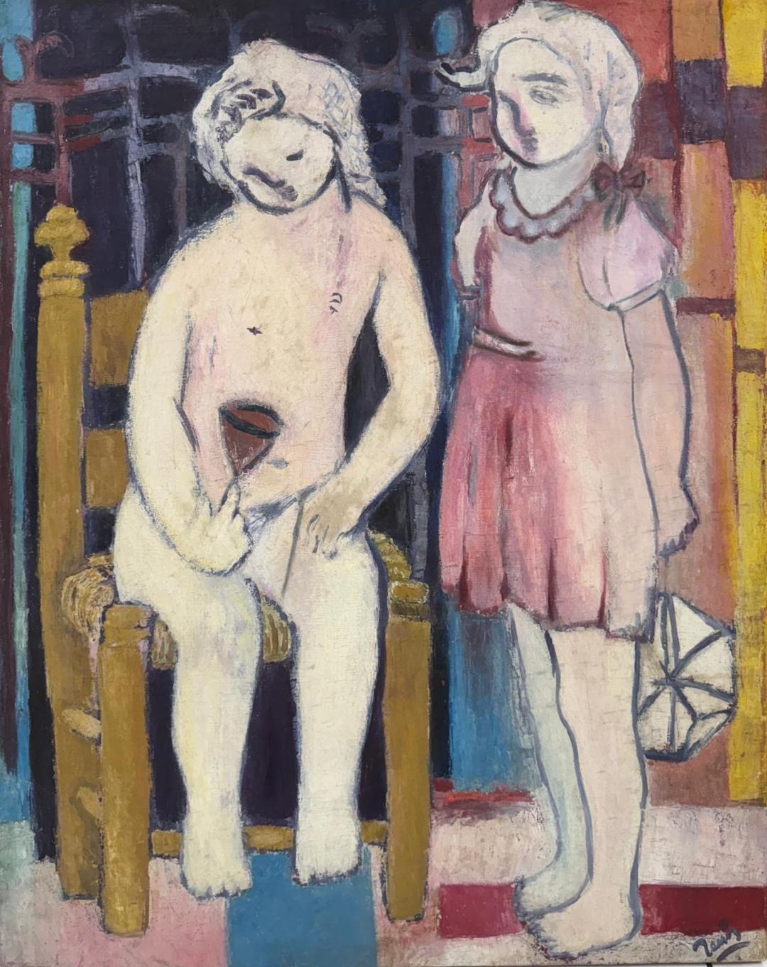 Villard Denis (Davertige) 30"x24" Two Children 1969 Acrylic on Canvas Unframed Painting #3-3-96GSN-HA-Marie & Georges S. Nader Family Collection