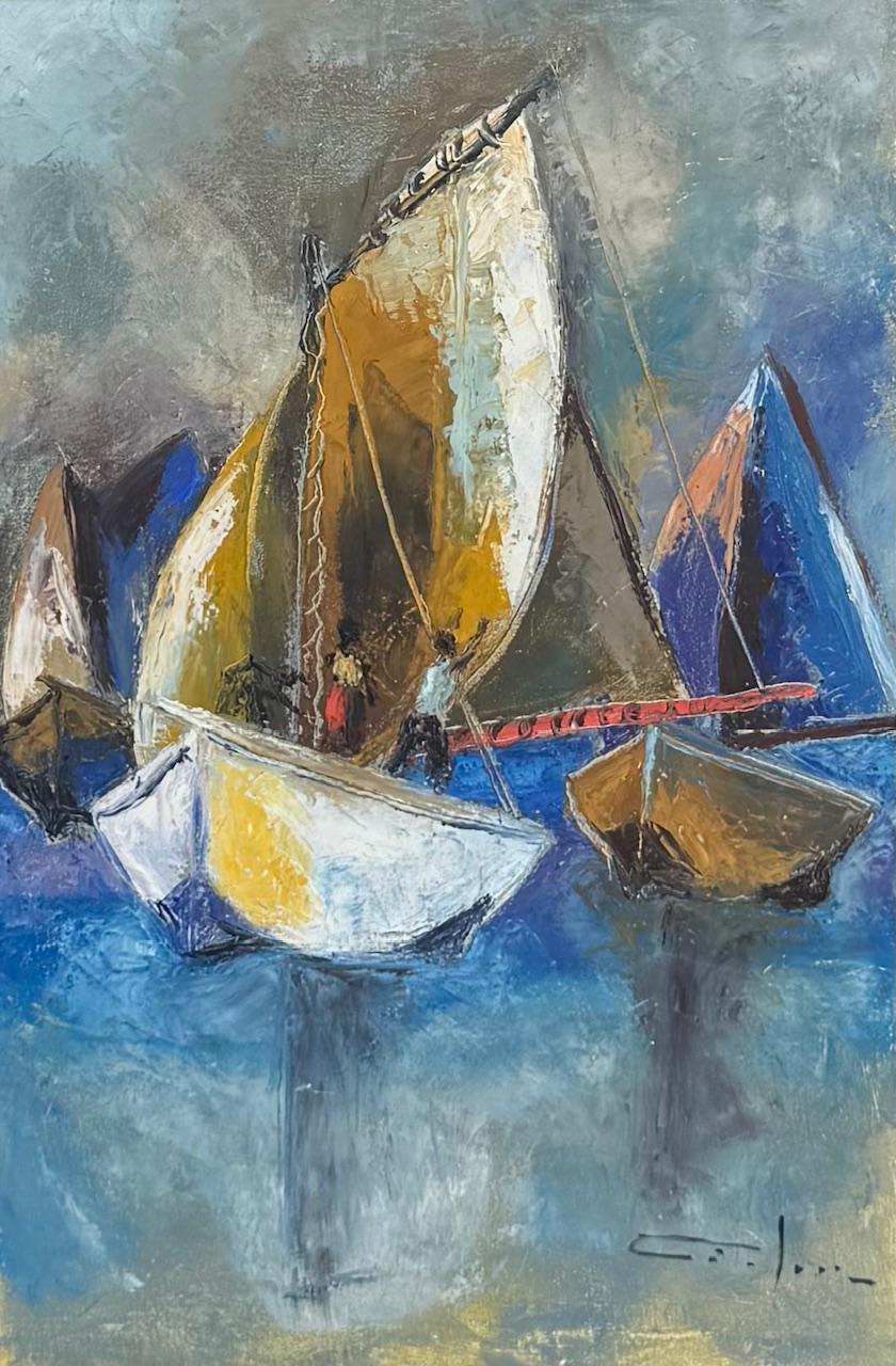 Abstract painting of sailboats with a blue and gray background