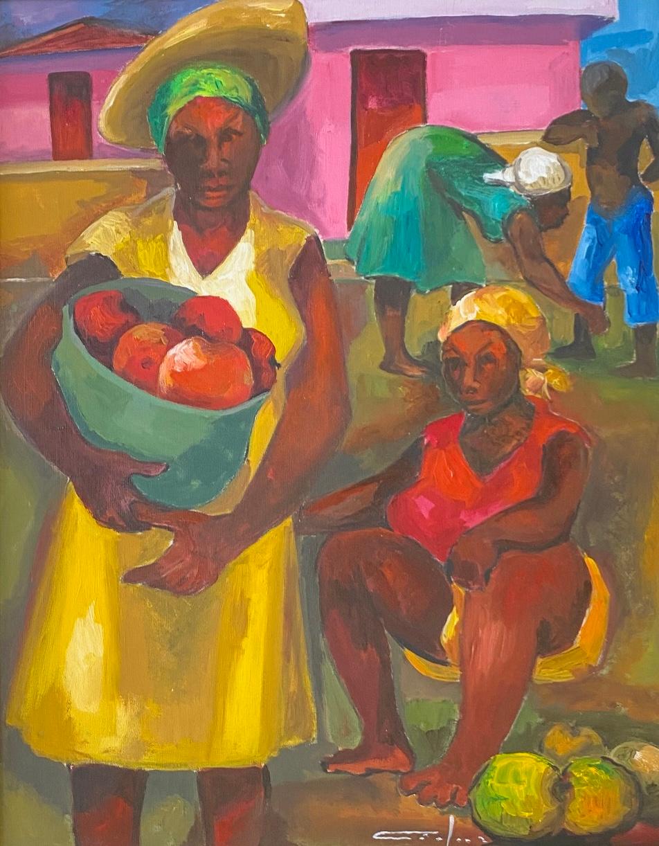 Dieudonné Cedor 1979 oil on canvas depicting Haitian market women holding fruit, 30 x 24 inches, unframed, good condition, private Ontario collection.