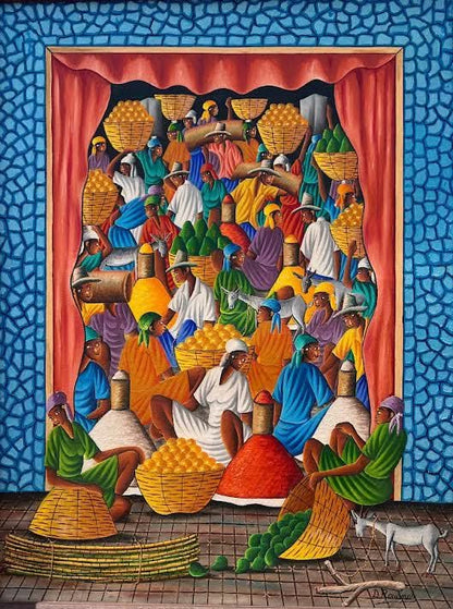 Dieudonné Rouanez Haitian market scene oil painting, colorful figures, baskets, produce, decorative curtain border, detailed 1978 canvas.