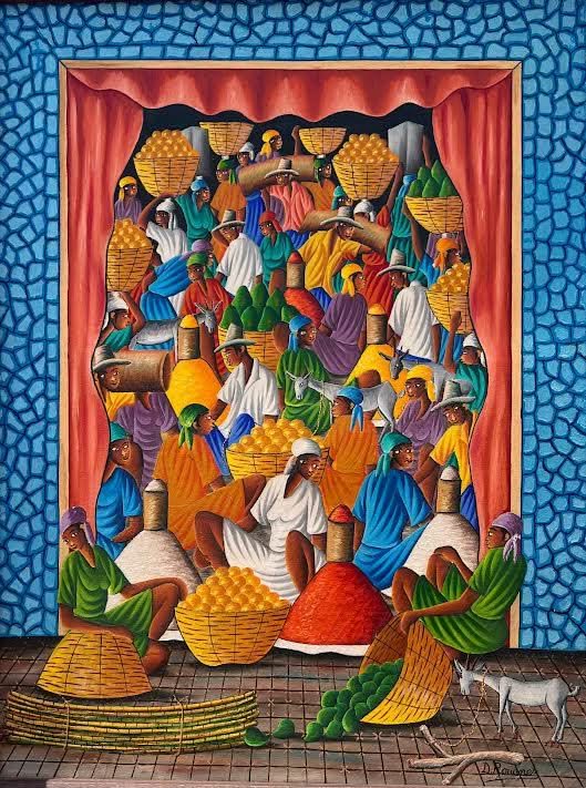 Dieudonné Rouanez Haitian market scene oil painting, colorful figures, baskets, produce, decorative curtain border, detailed 1978 canvas.