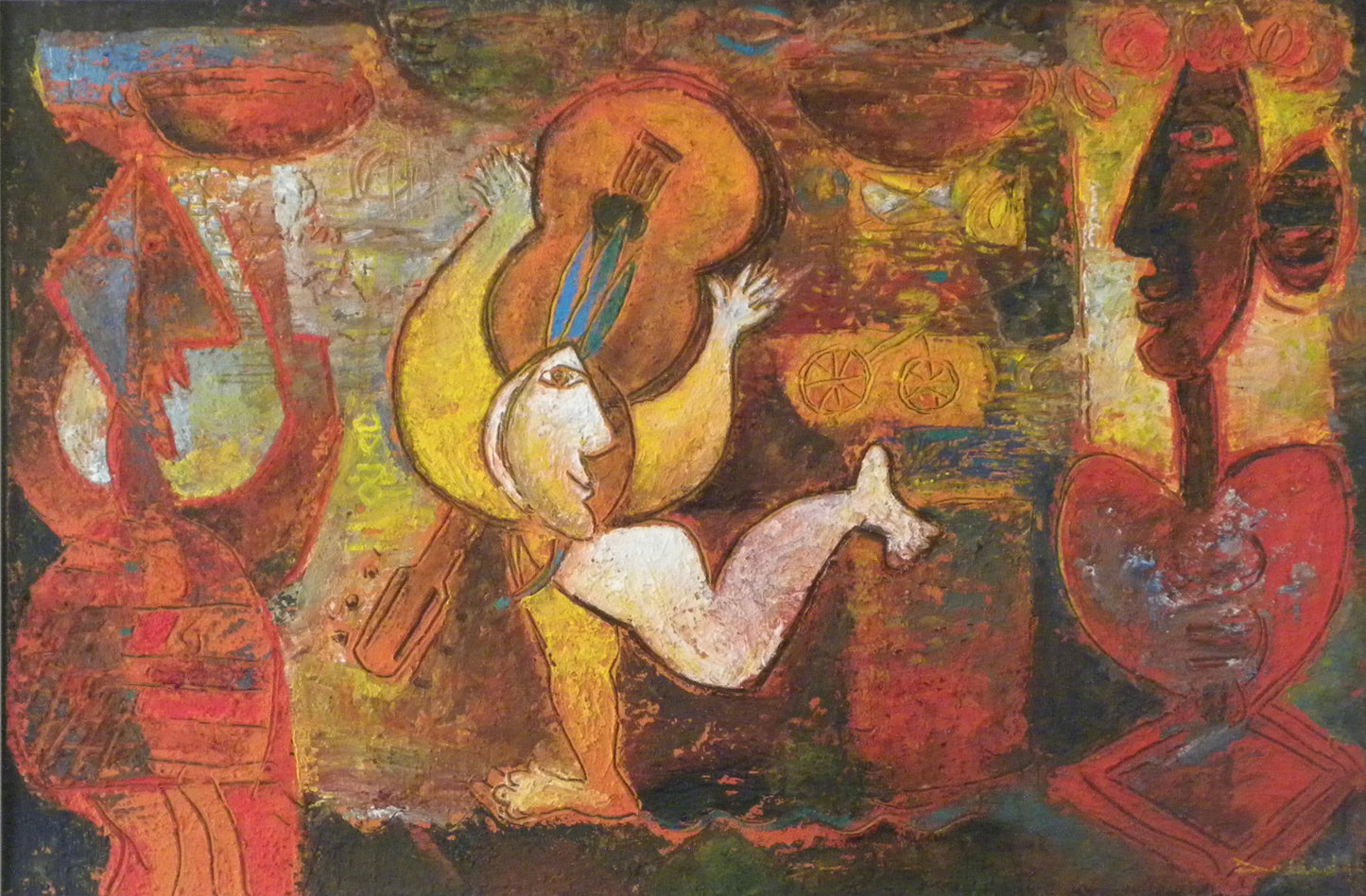Dodard Le Petit Excentrique, original signed 20×30 acrylic on canvas depicting a symbolic musician surrounded by abstract figures and geometric forms. Ships from a private collection in Florida with a Certificate of Authenticity.