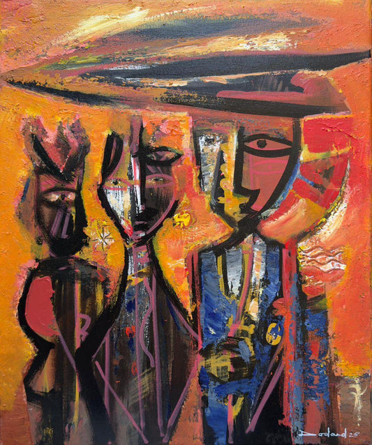 Philippe Dodard Crépuscule 2025 Haitian acrylic painting on canvas with abstract faces and fiery orange red background, 24 x 20 inches
