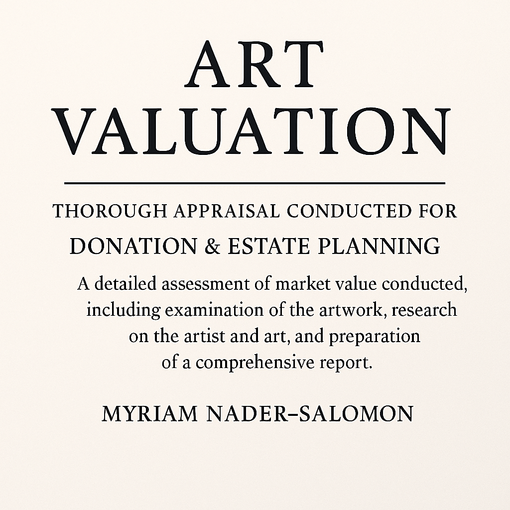 art valuation services by Myriam Nader-Salomon on a white background