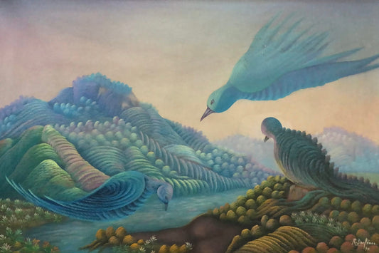 Raymond Dorleans (1947-2000) 20"x30" Abstract/Birds c1980 Oil on Canvas Painting#2YN